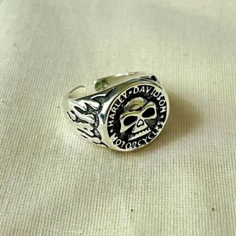 Vintage Harley biker flame skull silver chrome ring